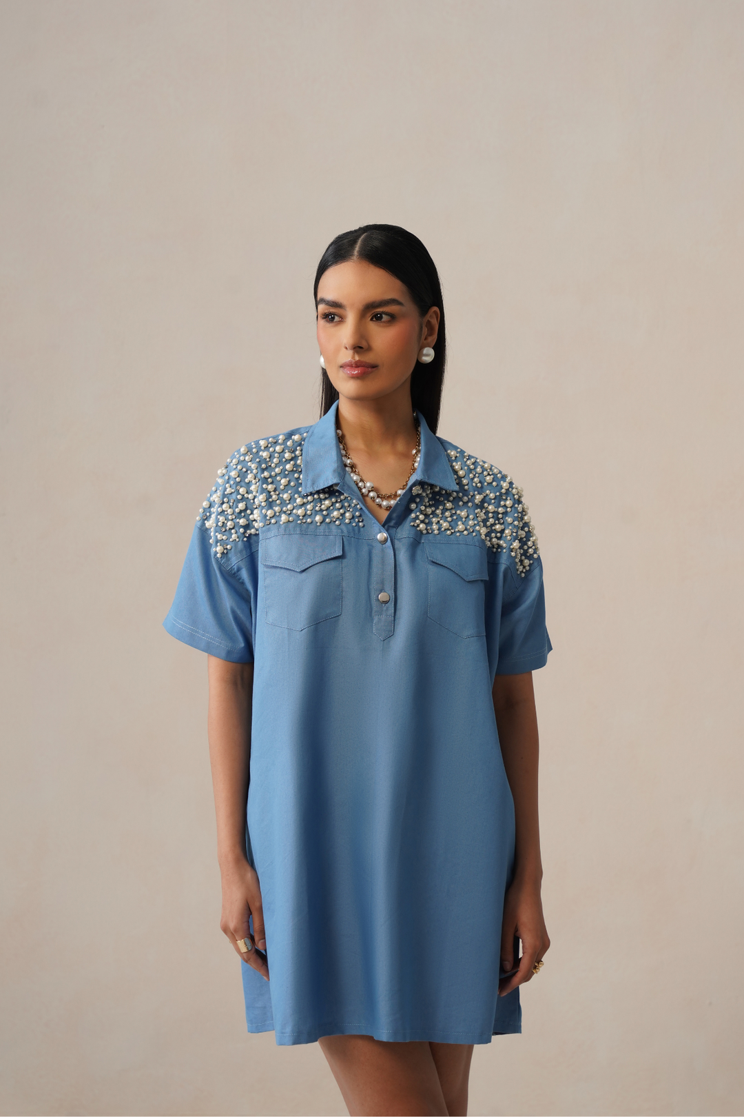 pearl denim dress Self-portrait Denim Pearl Mini Dress