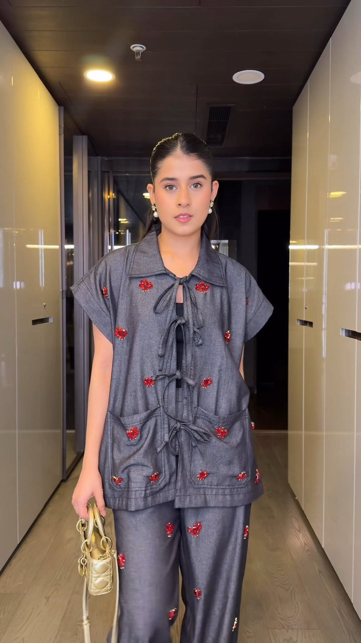 Cherry Code Denim Co-ord Set (As Seen on Rhea Kalra)