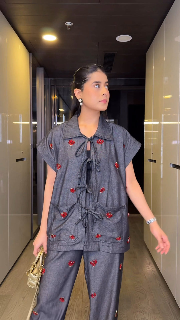 Cherry Code Denim Co-ord Set (As Seen on Rhea Kalra)