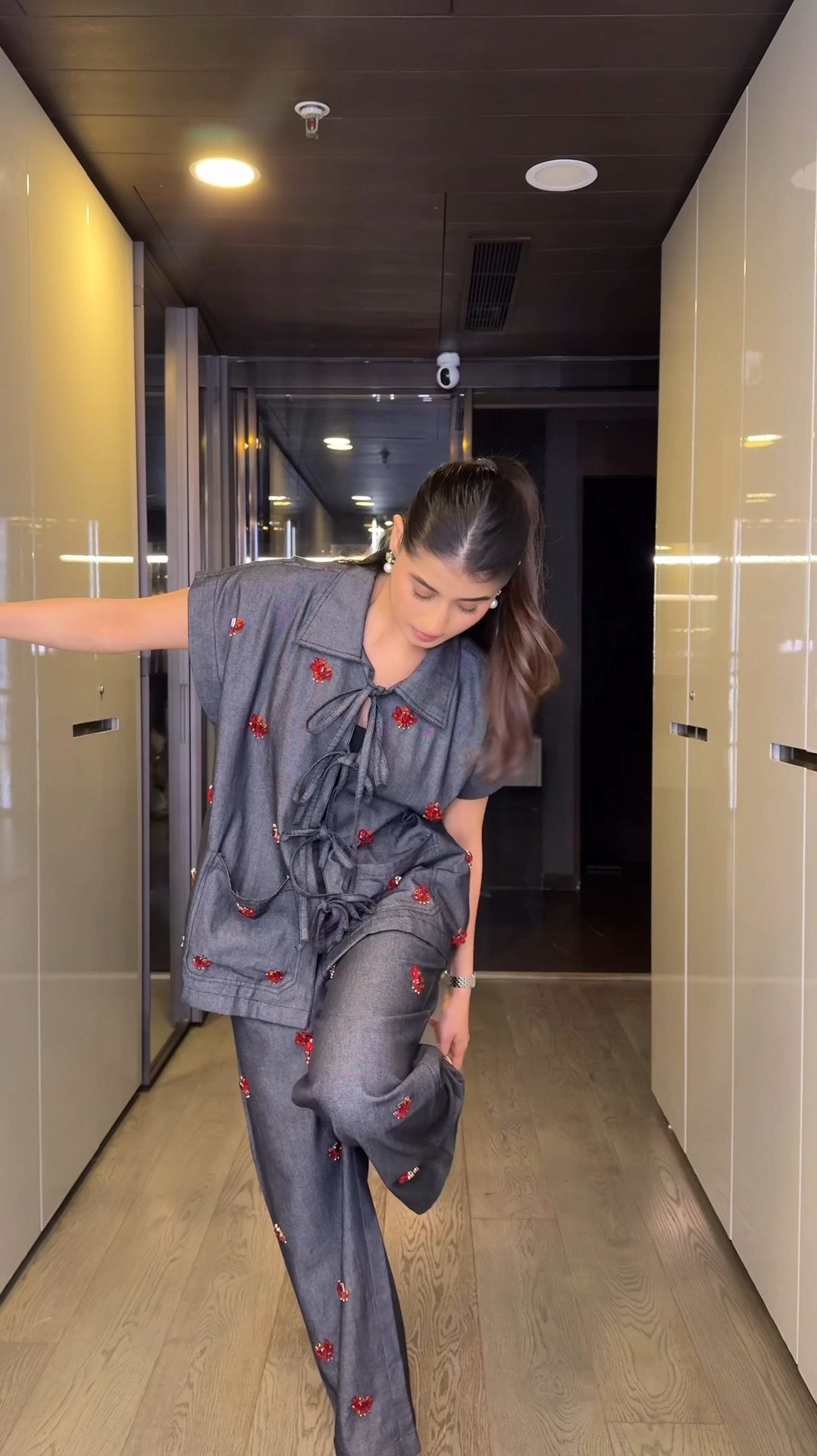 Cherry Code Denim Co-ord Set (As Seen on Rhea Kalra)