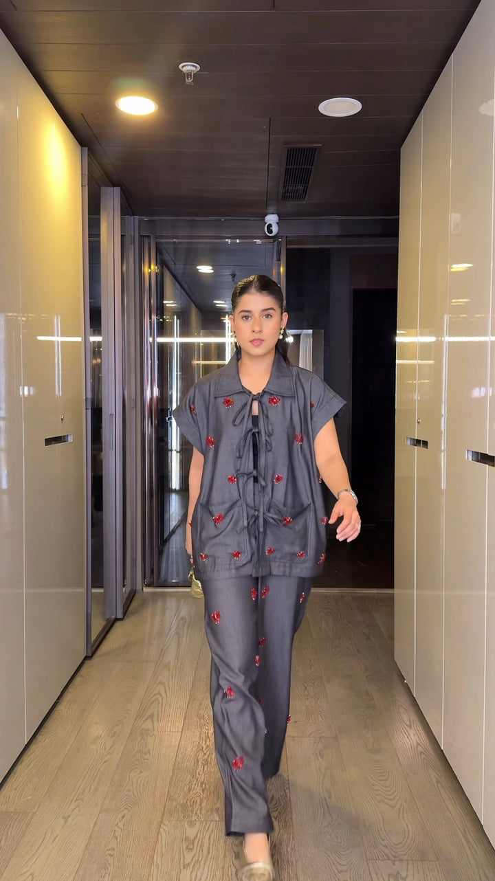 Cherry Code Denim Co-ord Set (As Seen on Rhea Kalra)